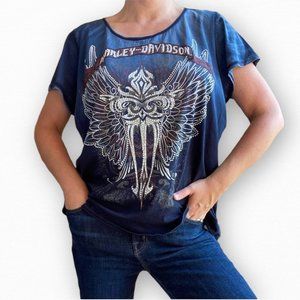 Harley Davidson Motorcycles Blue and Burgundy Ombré Short Sleeve Top Rhinestones